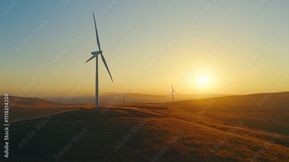 Obraz premium Golden Hour Wind Turbines Renewable Energy Landscape