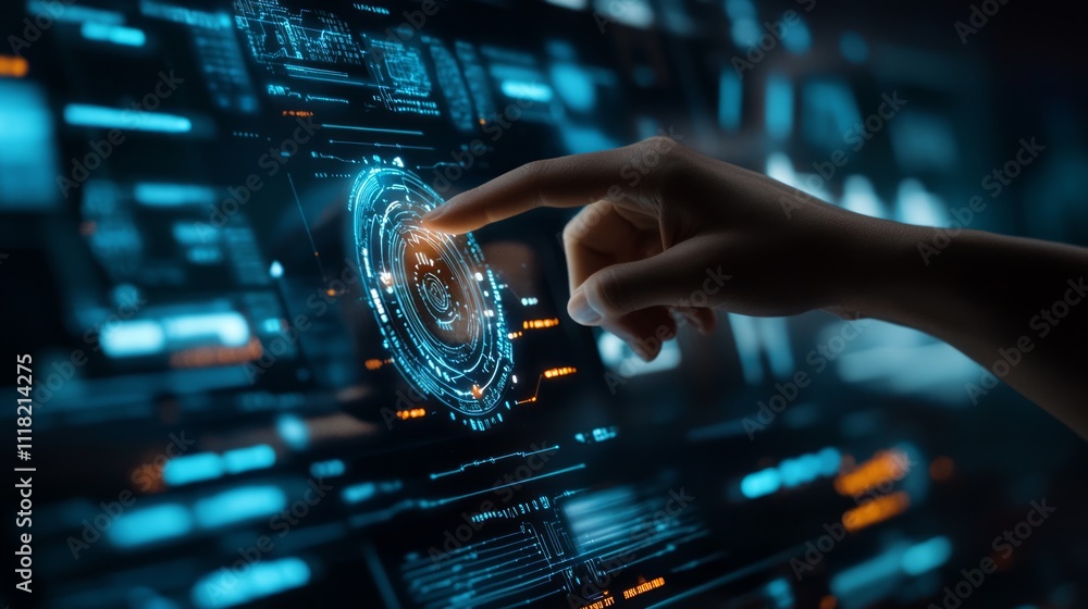 Close-up of a hand interacting with a futuristic holographic interface displaying data and graphics. Close-up of a hand interacting with a futuristic holographic interface displaying data and graphics.