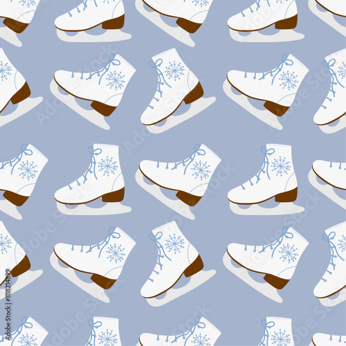 Seamless pattern with elegant white women's pair of skates. Figure skating boots, laced shoes with blade. Skaters footwear for winter rink sport. Flat vector pattern.