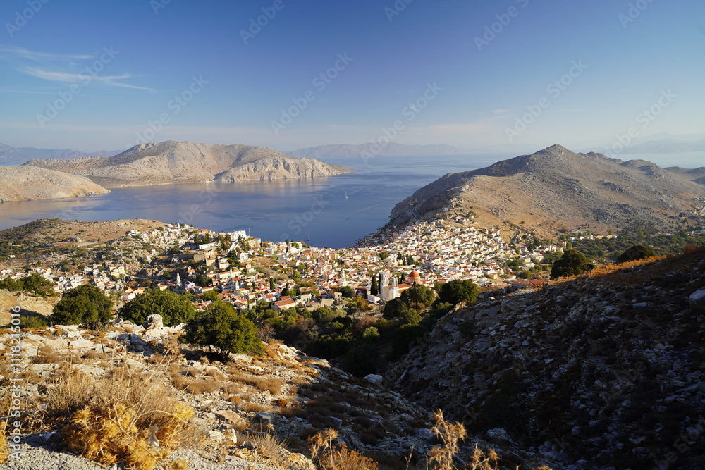 Fototapeta premium upper view from Symi town and coastline
