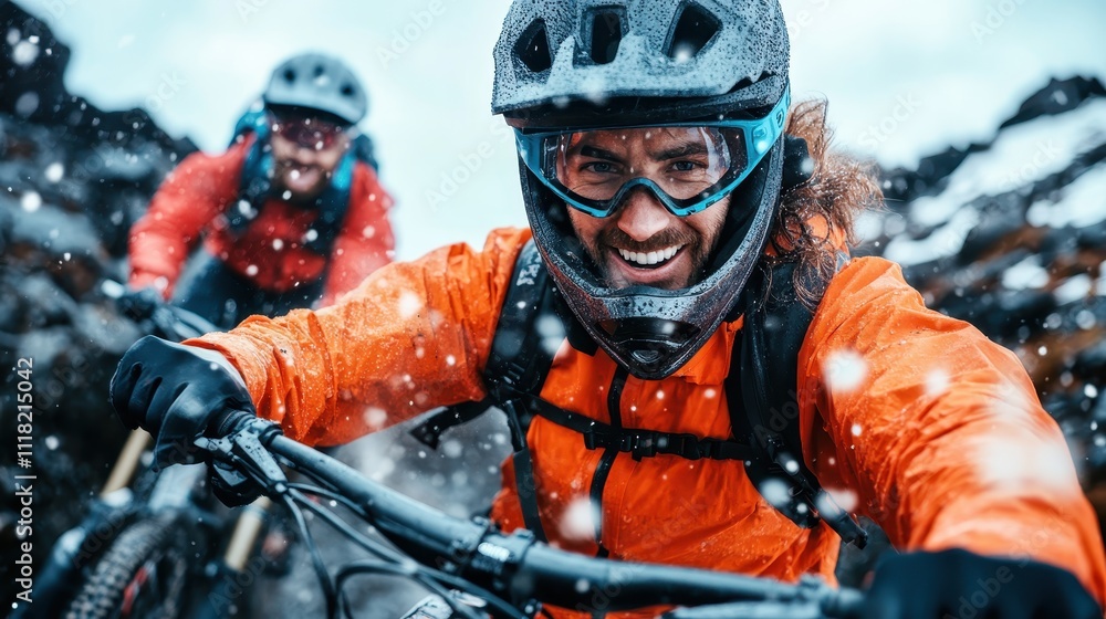Two bikers in bright colorful gear tackle a snowy mountain trail, demonstrating the thrill and joy of adventure sports amidst a challenging snow-capped landscape. Two bikers in bright colorful gear tackle a snowy mountain trail, demonstrating the thrill and joy of adventure sports amidst a challenging snow-capped landscape.