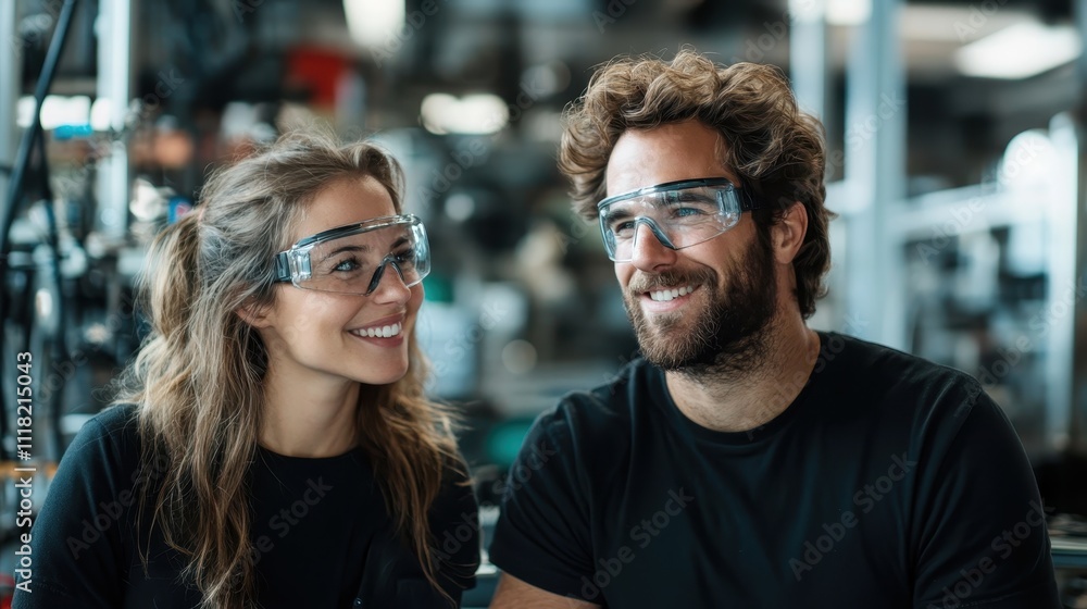 A smiling duo wearing goggles in a modern industrial environment highlights team spirit, collaboration, innovation, and shared joy in technological progress. A smiling duo wearing goggles in a modern industrial environment highlights team spirit, collaboration, innovation, and shared joy in technological progress.