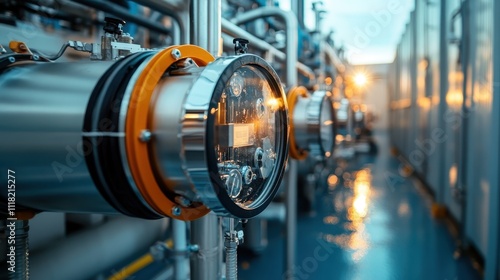 A close-up view of an industrial pipeline system with intricate machinery, shown during a sunny day with reflections illuminating the metallic surfaces, creating a vibrant scene.