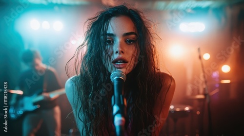 An intense scene captures a dynamic singer passionately engaging with the audience, holding a microphone closely, all set against a backdrop of vivid lighting. photo