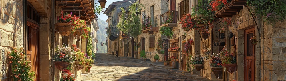 Fototapeta premium Charming village street scene quaint european town scenic view vibrant flowers serene atmosphere peaceful perspective for travel enthusiasts