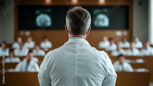 Doctor with a white coat seen from behind, presenting to an auditorium filled with attentive medical students, emphasizing education and medical advancement.