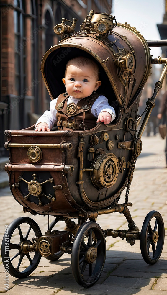 baby in a stylish steampunk stroller on the street. steampunk universe.