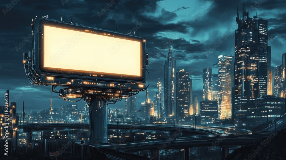 Futuristic cityscape with a large blank billboard at dusk. Futuristic cityscape with a large blank billboard at dusk.