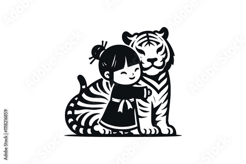 A little girl hugs a big tiger. Black and white ink hand drawn vector illustration. Emblem, logo