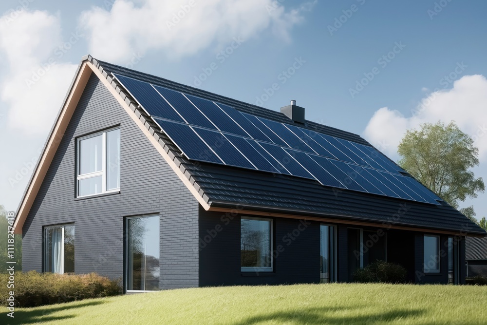 Modern eco home with dark solar panels on roof. New house design featuring energy efficient tech. Stylish property on grassy area under bright sky. Eco friendly building, sunny day. Sustainable Modern eco home with dark solar panels on roof. New house design featuring energy efficient tech. Stylish property on grassy area under bright sky. Eco friendly building, sunny day. Sustainable