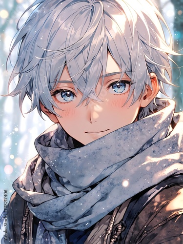 A young, silver-haired anime-style character with piercing blue eyes and a warm, thoughtful expression gazes into the distance