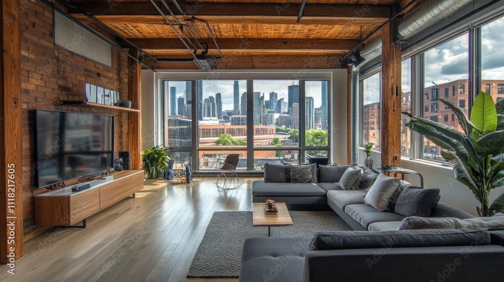 Modern loft living room with large windows and city views. Modern loft living room with large windows and city views.