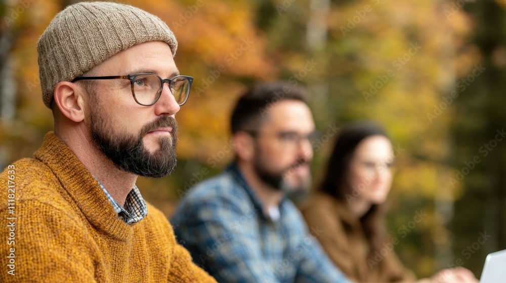 A contemplative man in a cozy sweater and glasses is seated outdoors with two others, surrounded by vibrant autumn foliage. A contemplative man in a cozy sweater and glasses is seated outdoors with two others, surrounded by vibrant autumn foliage.