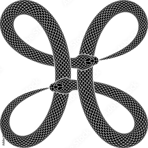 Vector tattoo design of two snakes bites tails in form of bowen knot sign or command key symbol. Isolated silhouette of cross shaped ouroboros character.