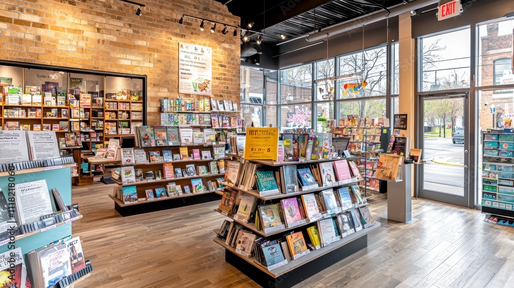 Fototapeta premium Interior of a bookstore with diverse book collection and wooden floors.