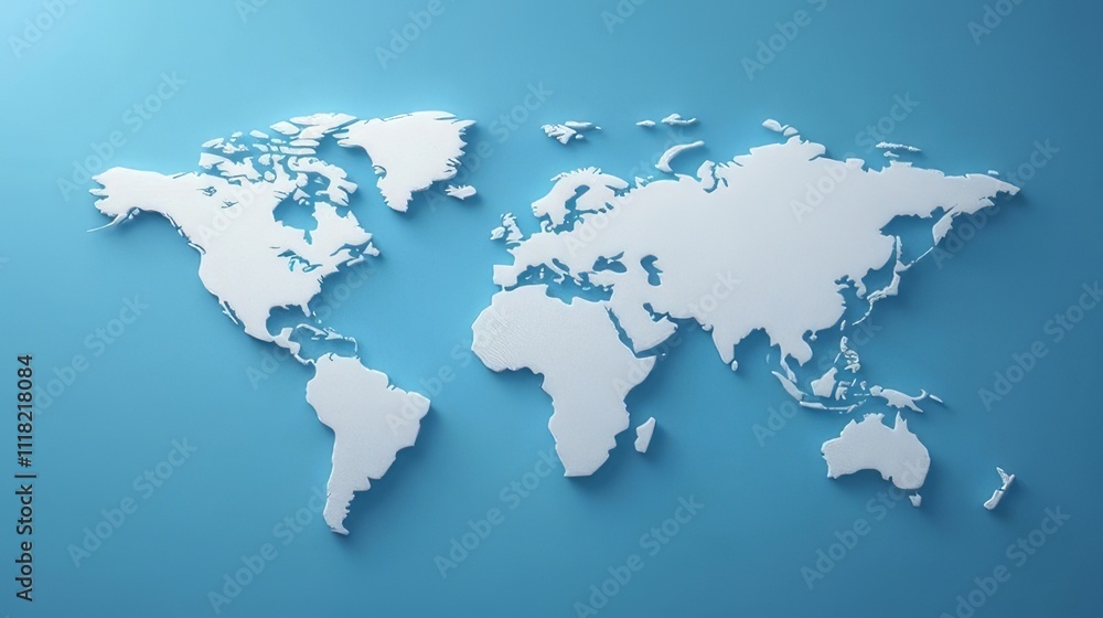 World map silhouette on blue background showcasing global geography and continents World map silhouette on blue background showcasing global geography and continents