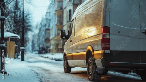 Delivery van parked on a snow-covered street during early morning light in a quiet urban neighborhood