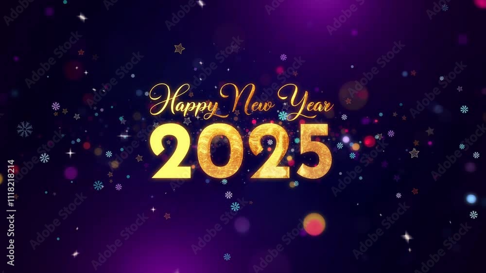 Golden Happy New Year 2025 text reveal with colorful festive particles, including stars and snowflakes, flickering on a dark purple background, symbolizing celebration and festivity. Golden Happy New Year 2025 text reveal with colorful festive particles, including stars and snowflakes, flickering on a dark purple background, symbolizing celebration and festivity.