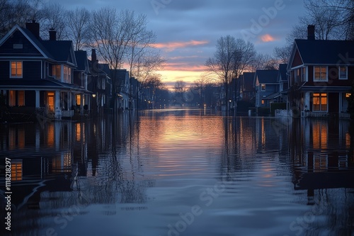 Flooded neighborhood at sunset showcasing homes and rising water levels photo