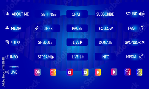 blue Gamers stream buttons. Game streaming interface elements, mmo game menu. Garish frames bars and buttons flat vector illustration set

