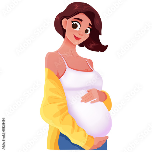 Pregnant mom waiting for a miracle. Cartoon character. Flat. Vector. Close-up. Comic illustration with pregnant girl for medicine and health concept, products for moms and kids. 