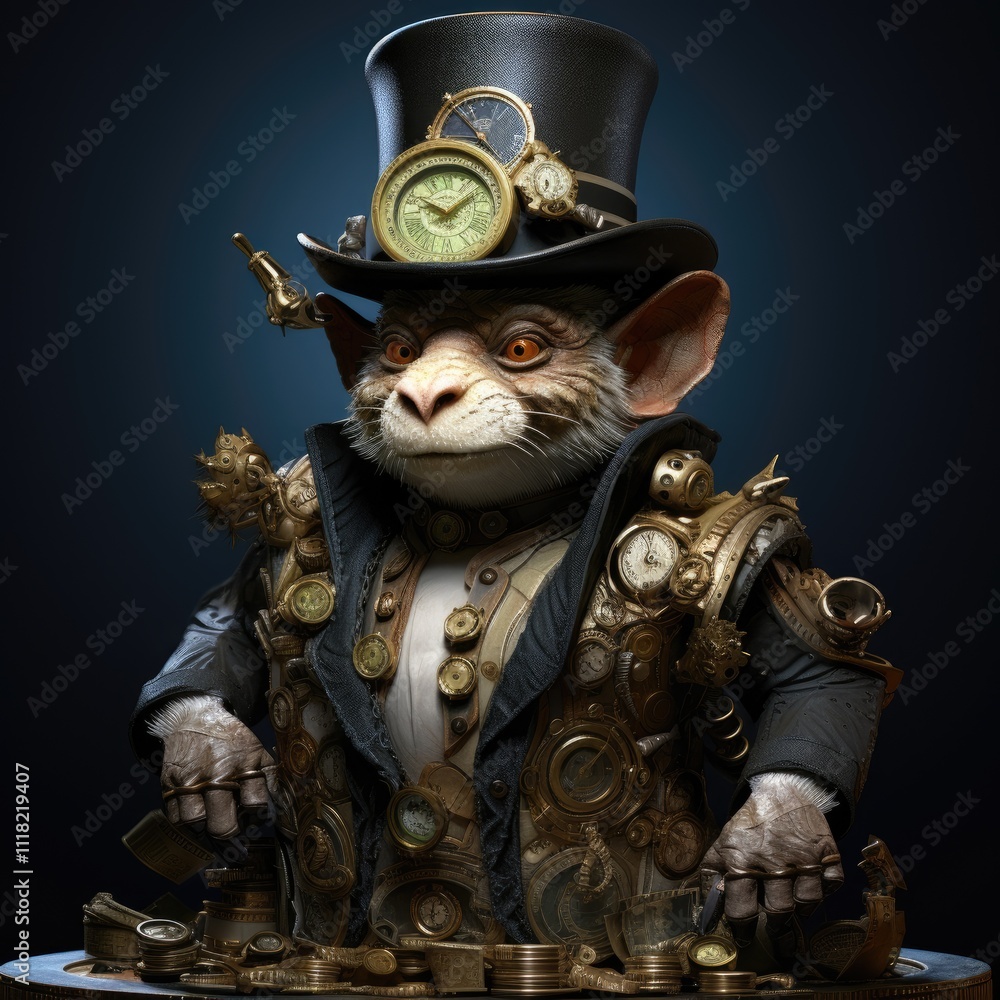 Charming steampunk creature confidently poses amid ornate clocks Charming steampunk creature confidently poses amid ornate clocks