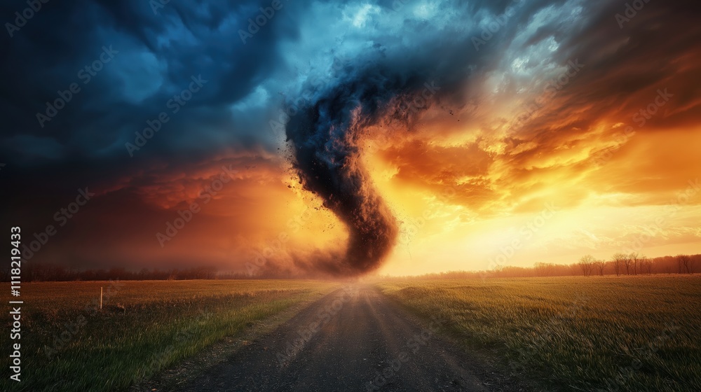 Tornado formation under dramatic storm clouds near sunset in an open field Tornado formation under dramatic storm clouds near sunset in an open field