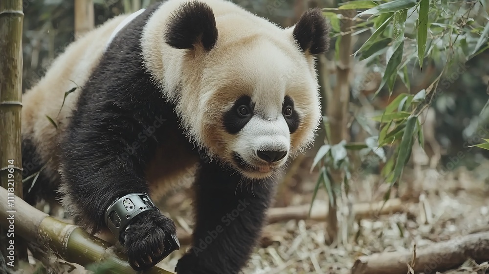 Fototapeta premium Panda Bear with Prosthetic Limb Climbing Bamboo Trees in Forest