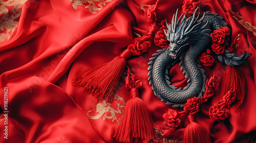 Traditional chinese flatlay of a dragon figurine and red textiles cultural setting artistic arrangement top view symbolism and heritage photo