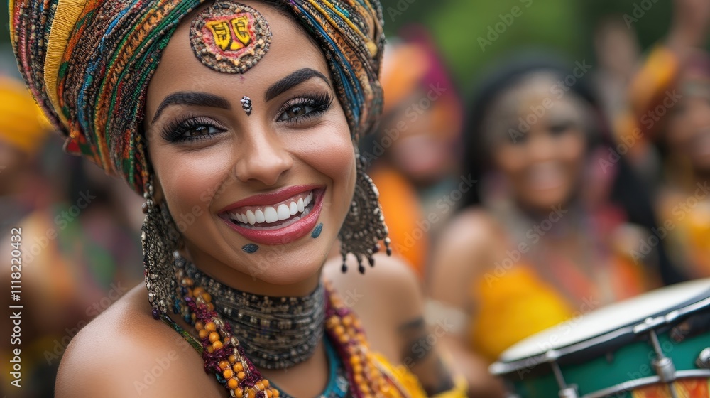 A radiant woman dressed in vibrant traditional clothing joyously smiles, celebrating culture with beautiful accessories, surrounded by a colorful atmosphere filled with happiness. A radiant woman dressed in vibrant traditional clothing joyously smiles, celebrating culture with beautiful accessories, surrounded by a colorful atmosphere filled with happiness.