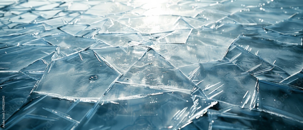 Cracked ice shards gleam in the sunlight, creating a shimmering fractal landscape frozen in a moment of time. Cracked ice shards gleam in the sunlight, creating a shimmering fractal landscape frozen in a moment of time.