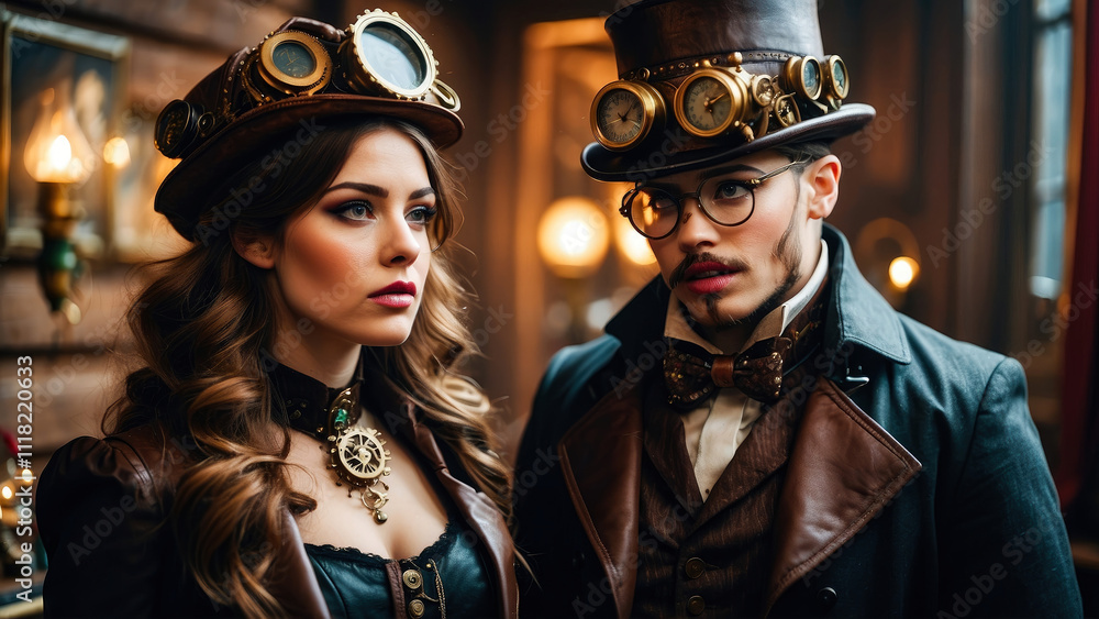 Steampunk New Year and Christmas. Victorian style decorations and dressed people.