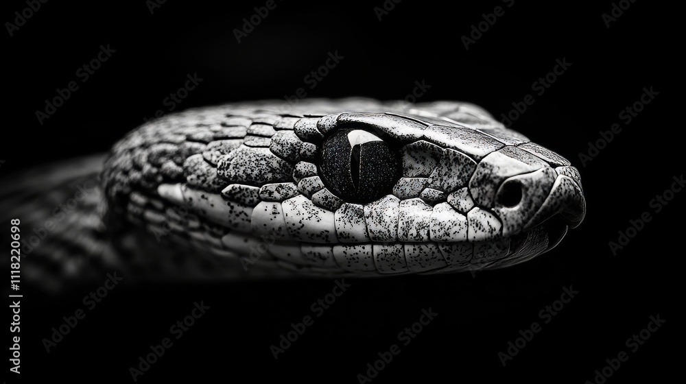 A white snake's head centered on a black background in a close-up view. A white snake's head centered on a black background in a close-up view.