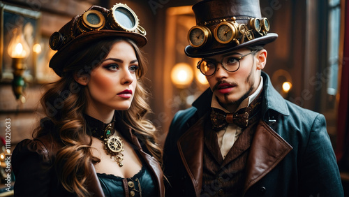 Obraz na płótnie Steampunk New Year and Christmas. Victorian style decorations and dressed people. w salonie