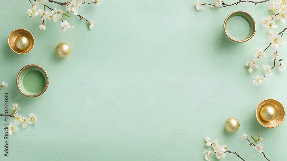 Obraz premium Traditional chinese flatlay with pearls and blooms on mint background aesthetic photography tranquil setting artistic composition