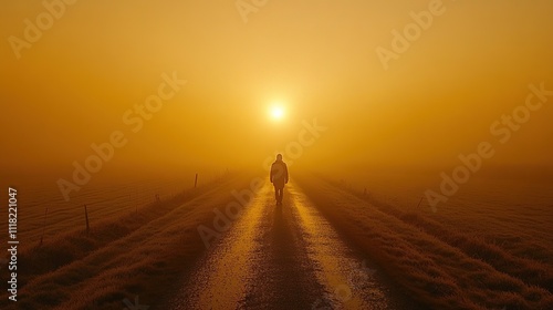 A solitary figure walks down a foggy road at sunrise, creating a serene and contemplative atmosphere.