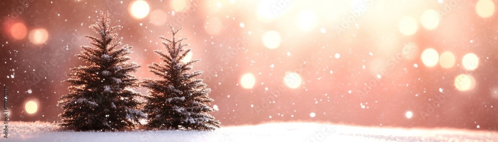 Winter Wonderland Two Snow-Covered Pines, Bokeh Lights, Peaceful Scene, Christmas Card, Holiday Background Christmas, Winter Winter Wonderland Two Snow-Covered Pines, Bokeh Lights, Peaceful Scene, Christmas Card, Holiday Background Christmas, Winter