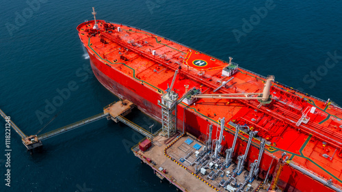 Aerial view oil tanker ship oil depot terminal storage petroleum petrochemical refinery product, Global Business energy tanker ship logistic transportation oil industry crude oil fuel by tanker ship. © Kalyakan