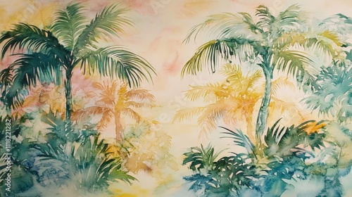 Watercolor Palm Grove Lush Greens and Warm Tones, Abstract Landscape Painting, Tropical Foliage, Palm Trees Tropical painting, Watercolor art