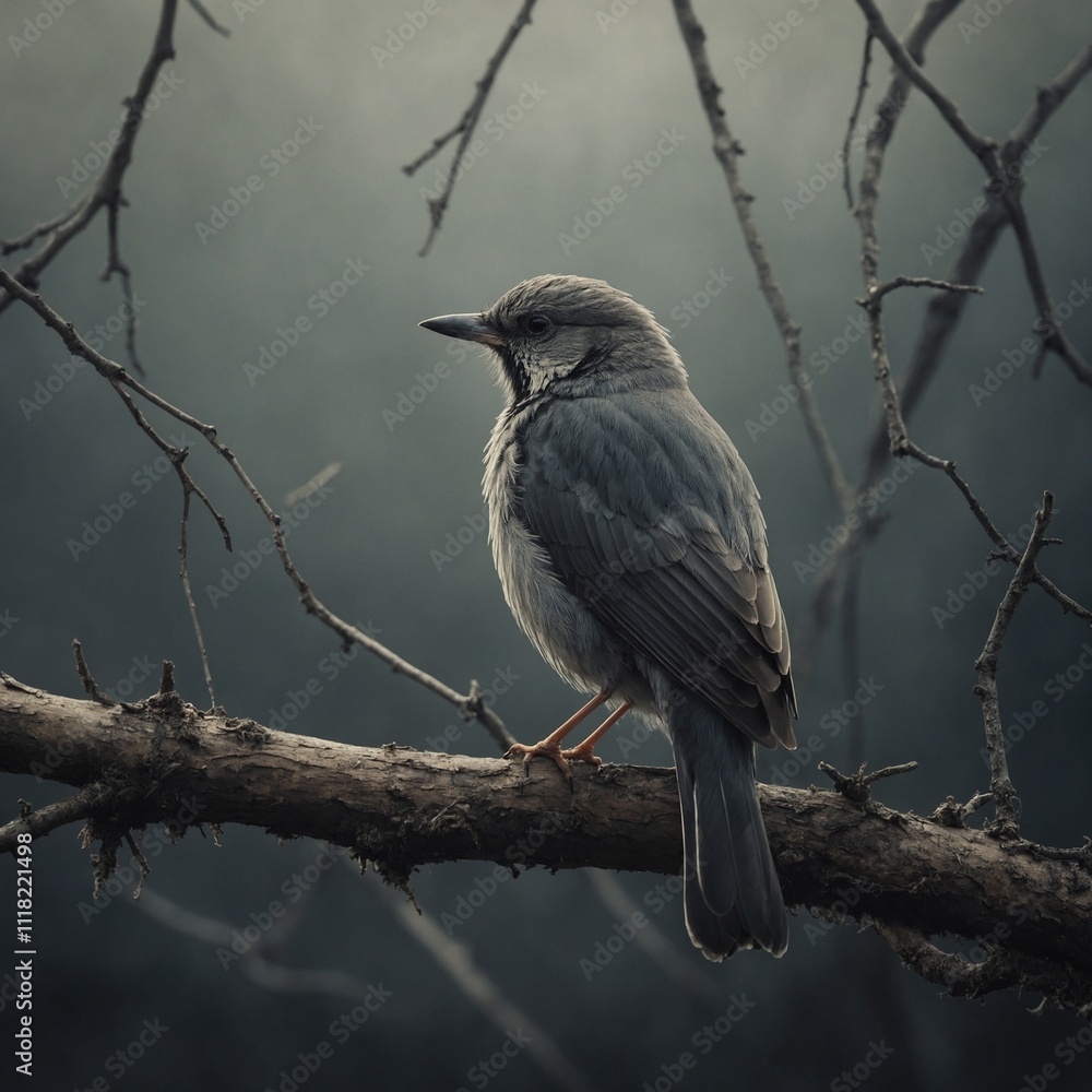 A sketch of a sad bird sitting alone on a branch A sketch of a sad bird sitting alone on a branch