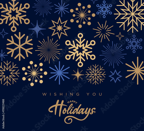 Christmas Holiday card frame border banner background vector with modern stylized snowflakes greeting card, invitation, Happy Holidays template, Christmas decoration ornament cliparts printable