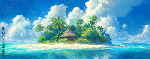 Tropical Island Paradise Digital Painting of a Hut on a Beach, Palm Trees, Ocean, Sky, Clouds Digital art, tropical island