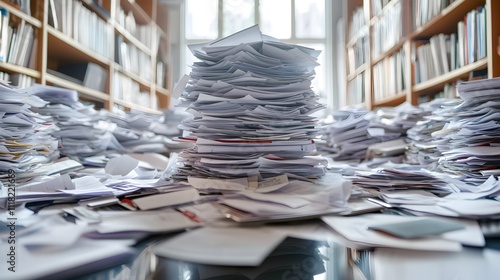 Towering pile of papers on a table in a library, overflowing with documents. photo