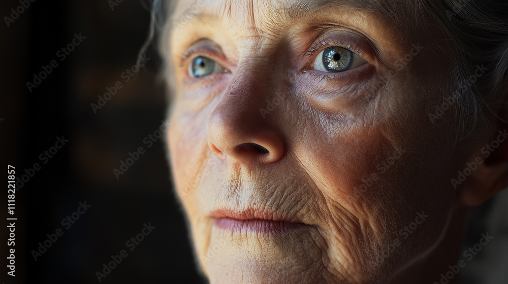 Reflective Close-Up Portrait of an Elderly Woman with Graceful Details Reflective Close-Up Portrait of an Elderly Woman with Graceful Details