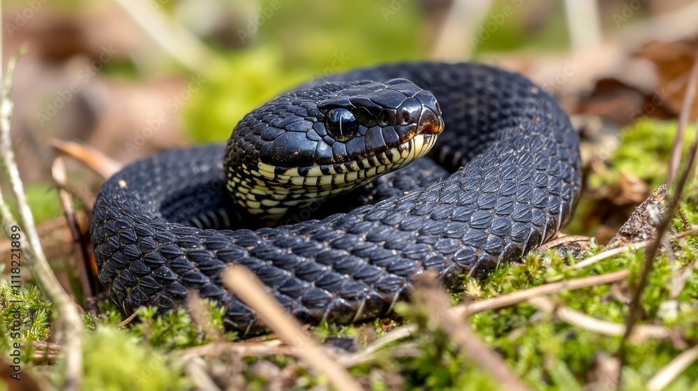The Stock images show a snake coiled on the ground, with its scaled body and unique pattern on full display. The Stock images show a snake coiled on the ground, with its scaled body and unique pattern on full display.