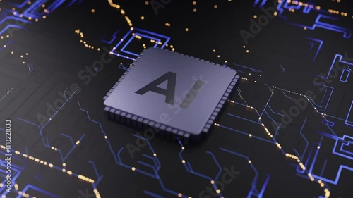 Close-up 3D rendering of a circuit board with a central processing chip labeled 
