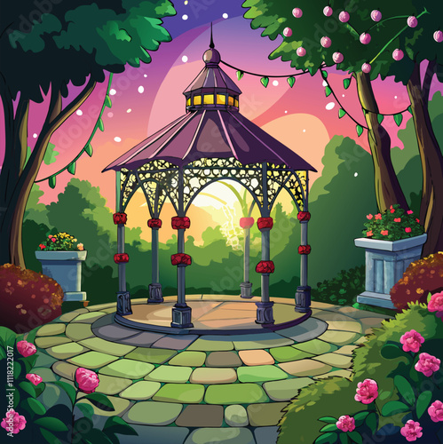 A colorful evening scene with a gazebo and plants