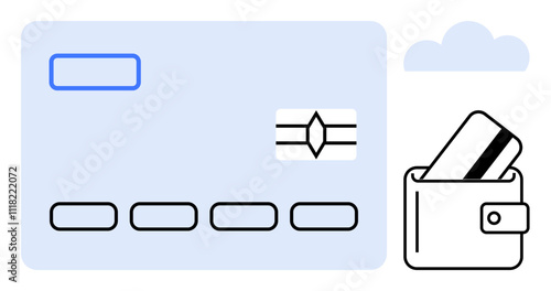 Credit card next to wallet with a card inside, cloud above. Ideal for finance, services, banking, eCommerce, online shopping, technology digital transactions. Line metaphor