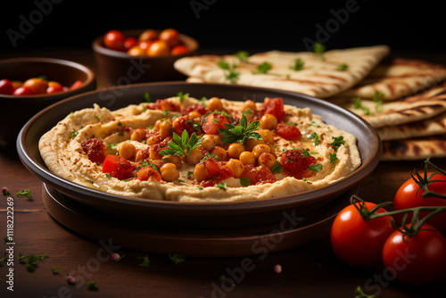 Hummus served in a rustic ceramic bowl, garnished with chickpeas, olive oil, and a sprinkle of sumac, with a side of pita bread