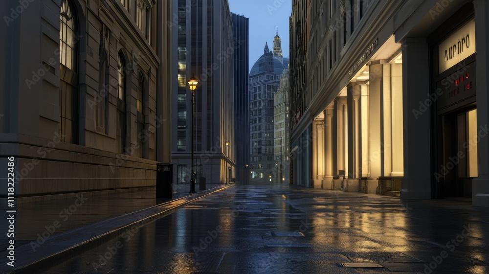 Night City Alley Wet Pavement Reflections, Architectural Details, Urban Scene, 3D Render, Digital Art. Cityscape, Night Photography Night City Alley Wet Pavement Reflections, Architectural Details, Urban Scene, 3D Render, Digital Art. Cityscape, Night Photography